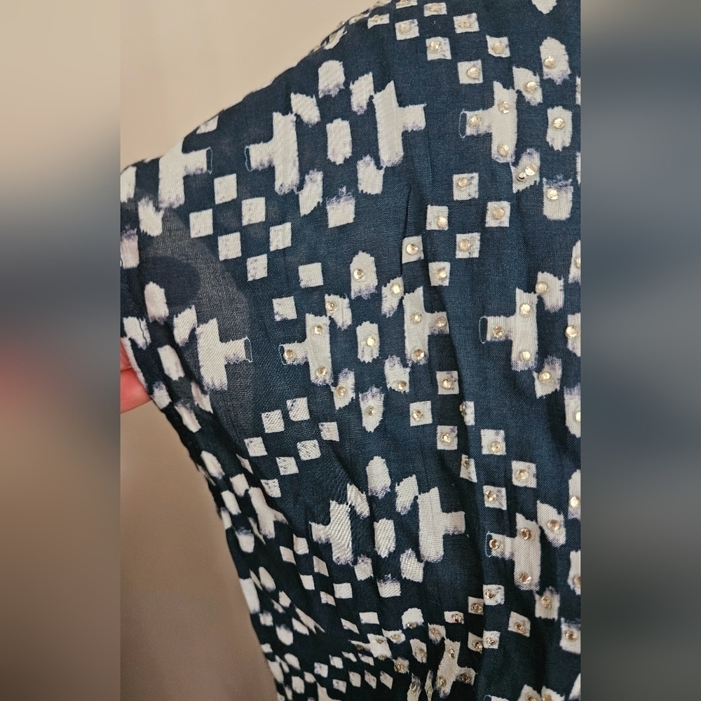 RubyYaya Beaded Boho Maxi Dress Blue White Geometric Print Size M - Picture 8 of 16